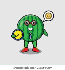 Cute cartoon watermelon character holding clock with happy expression in concept 3d cartoon style