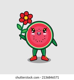 Cute cartoon watermelon character holding red flower in concept 3d cartoon style