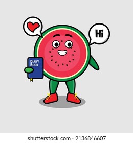 Cute cartoon watermelon character holding diary book with happy expression in concept