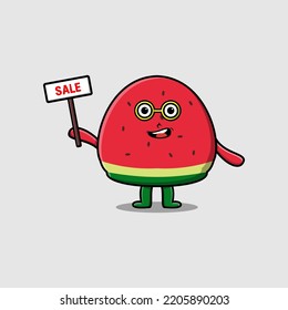 Cute cartoon watermelon character holding sale sign designs in concept flat cartoon style