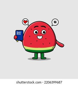 Cute cartoon watermelon character holding diary book illustration with happy expression