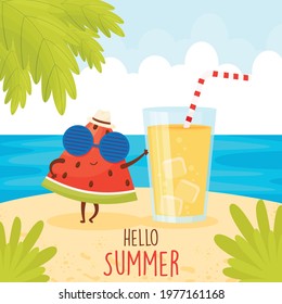 Cute cartoon watermelon character with lemonade, on the beach. Hello summer background.