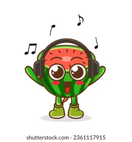 Cute cartoon watermelon character listening to music and enjoy. Vector character illustration icon isolated on white. watermelon Fruit cartoon mascot character Listening music on a headset