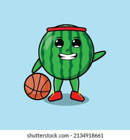Cute cartoon watermelon character playing basketball