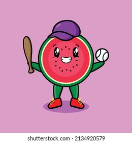 Cute cartoon watermelon character playing baseball in modern style design 