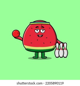 Cute cartoon watermelon character playing bowling in flat modern style design illustration