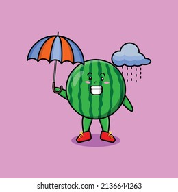Dibujo lindo personaje de sandía bajo la lluvia y uso de un paraguas en un diseño de estilo moderno 3d