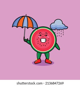 Cute cartoon watermelon character in the rain and using an umbrella in 3d modern style design