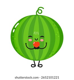 Um personagem bonito de melancia de desenhos animados com um rosto sorridente, segurando um coração, irradiando alegria e amor, perfeito para transmitir afeto e felicidade.