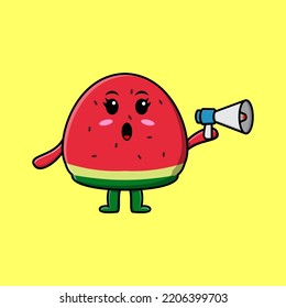 Cute Cartoon watermelon character speak with megaphone in 3d cartoon style concept