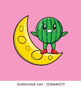 Cute cartoon Watermelon character standing on the crescent moon in 3d modern design