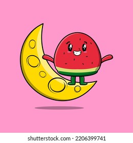 Cute cartoon watermelon character standing on the crescent moon in 3d modern design illustration