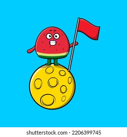 Cute cartoon watermelon character standing on the moon with flag in 3d modern design