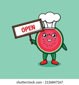 Cute cartoon watermelon chef character holding open sign designs in concept 3d cartoon style