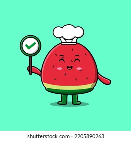 Cute cartoon watermelon chef character holding correct sign board in vector character illustration