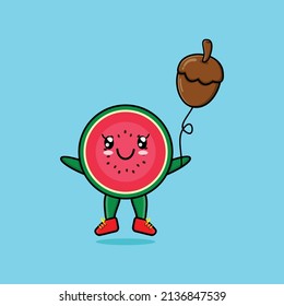 Cute cartoon watermelon floating with acorn balloon cartoon vector illustration in concept 3d cartoon style