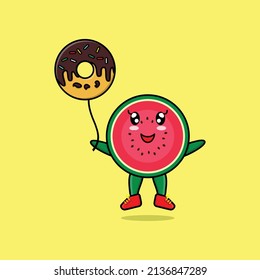 Cute cartoon watermelon floating with donuts balloon cartoon vector illustration