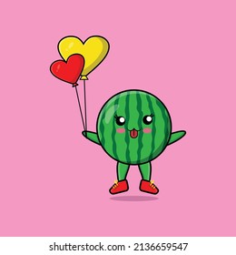Cute cartoon watermelon floating with love balloon cartoon vector illustration