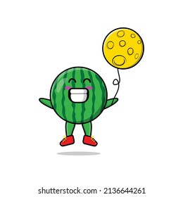 Cute cartoon watermelon floating with moon balloon cartoon vector illustration