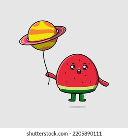 Cute cartoon watermelon floating with planet balloon cartoon vector illustration