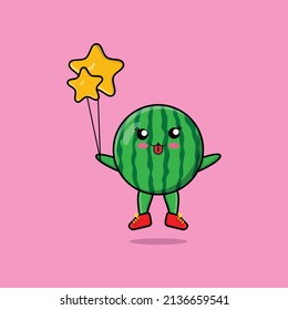 Cute cartoon watermelon floating with star balloon cartoon vector illustration