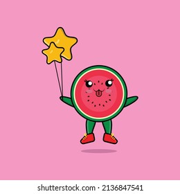 Cute cartoon watermelon floating with star balloon cartoon vector illustration in concept 3d cartoon style