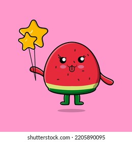 Cute cartoon watermelon floating with star balloon cartoon vector illustration