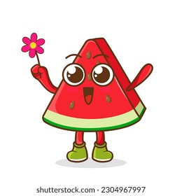 Cute cartoon watermelon fruit character holding flower