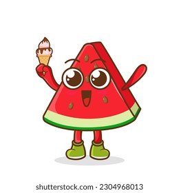 Cute Cartoon watermelon fruit character holding ice cream cone
