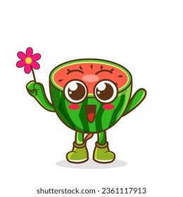 Cute cartoon watermelon fruit character holding flower