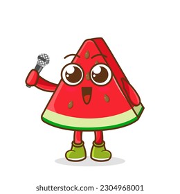 Cute cartoon watermelon fruit singer character holding mic