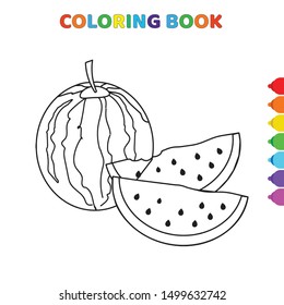 cute cartoon watermelon fruit slices coloring book for kids. black and white vector illustration for coloring book. watermelon fruit slices concept hand drawn illustration