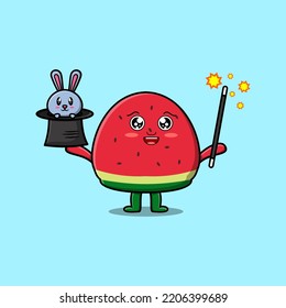 cute cartoon watermelon magician character with bunny character coming out from magic hat