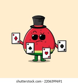 Cute cartoon watermelon magician character playing magic cards in flat cartoon style illustration