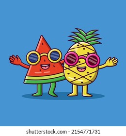 Cute cartoon watermelon and pineapple embracing each other, cartoon watermelon and pineapple in summer holiday, Vector cartoon illustration