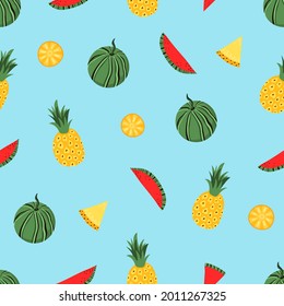 Cute cartoon watermelon and pineapple. Seamless pattern for design of fabric, clothing, wallpaper, paper. Seamless isolated background.