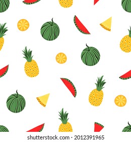 Cuta caricatura de sandía y piña. Patrón sin fisuras para el diseño de tela, ropa, papel pintado, papel. Fondo aislado sin inconveniente.