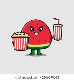 Cute cartoon watermelon with popcorn and drink ready to watching film in cinema