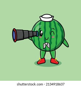 Cute cartoon watermelon sailor with hat and using binocular cute modern style design
