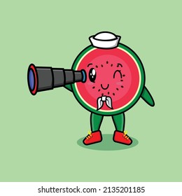 Cute cartoon watermelon sailor with hat and using binocular cute modern style design