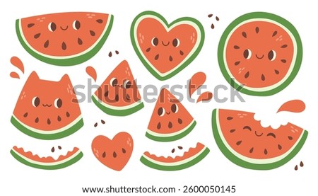 Cute cartoon watermelon set. Funny watermelon slices characters. Cute fruit summertime party. Comic watermelons vector set. Illustration of fruit watermelon, sweet and healthy