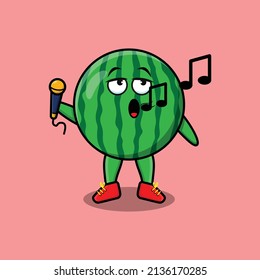 Cute cartoon watermelon singer character holding mic in 3d modern style design