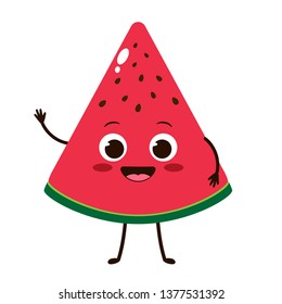 Cute cartoon watermelon slice character with funny face. Happy emoji hello summer background vector illustration. Organic vegetarian healthy food drawing