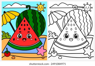 Cute cartoon watermelon slice coloring page for kids, summer coloring pages for kids