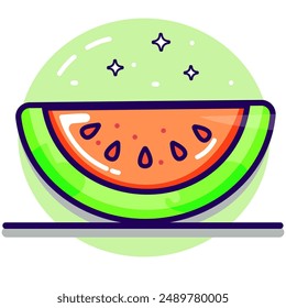 Cute Cartoon Watermelon Slice. Half Water melon. Logo of Juicy Watermelon in Flat Design.