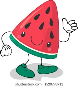 Cute cartoon watermelon slice. Organic vegetarian healthy food vector illustration. Isolated on white background.