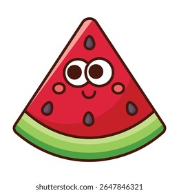 Cute cartoon watermelon slice with smiling face isolated on white background