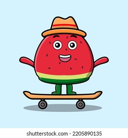 cute cartoon watermelon standing on skateboard with cartoon vector illustration style