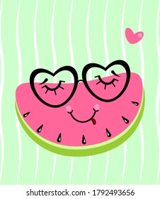 Cute cartoon watermelon with sunglasses and love heart. Vector illustration for card, textile print, paper, flyer, sticker.
