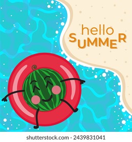 Cute cartoon watermelon swimming with floating rubber ring, flat vector illustration. Summer tropical vacation, beach party.